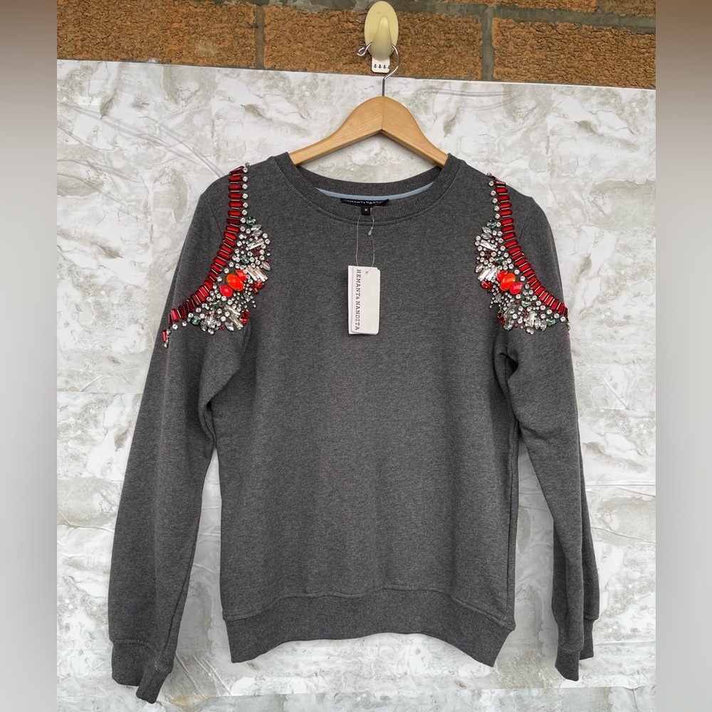 HEMANT & NANDITA Gray Crystal Embellished Sweatshirt Sweater/Pullover medium